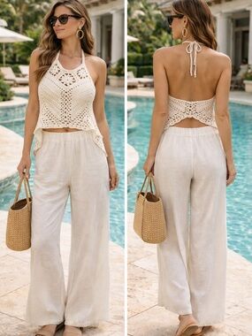 One of a Kind hand Crocheted Halter Top Ivory/white Boho Open Back Resort.